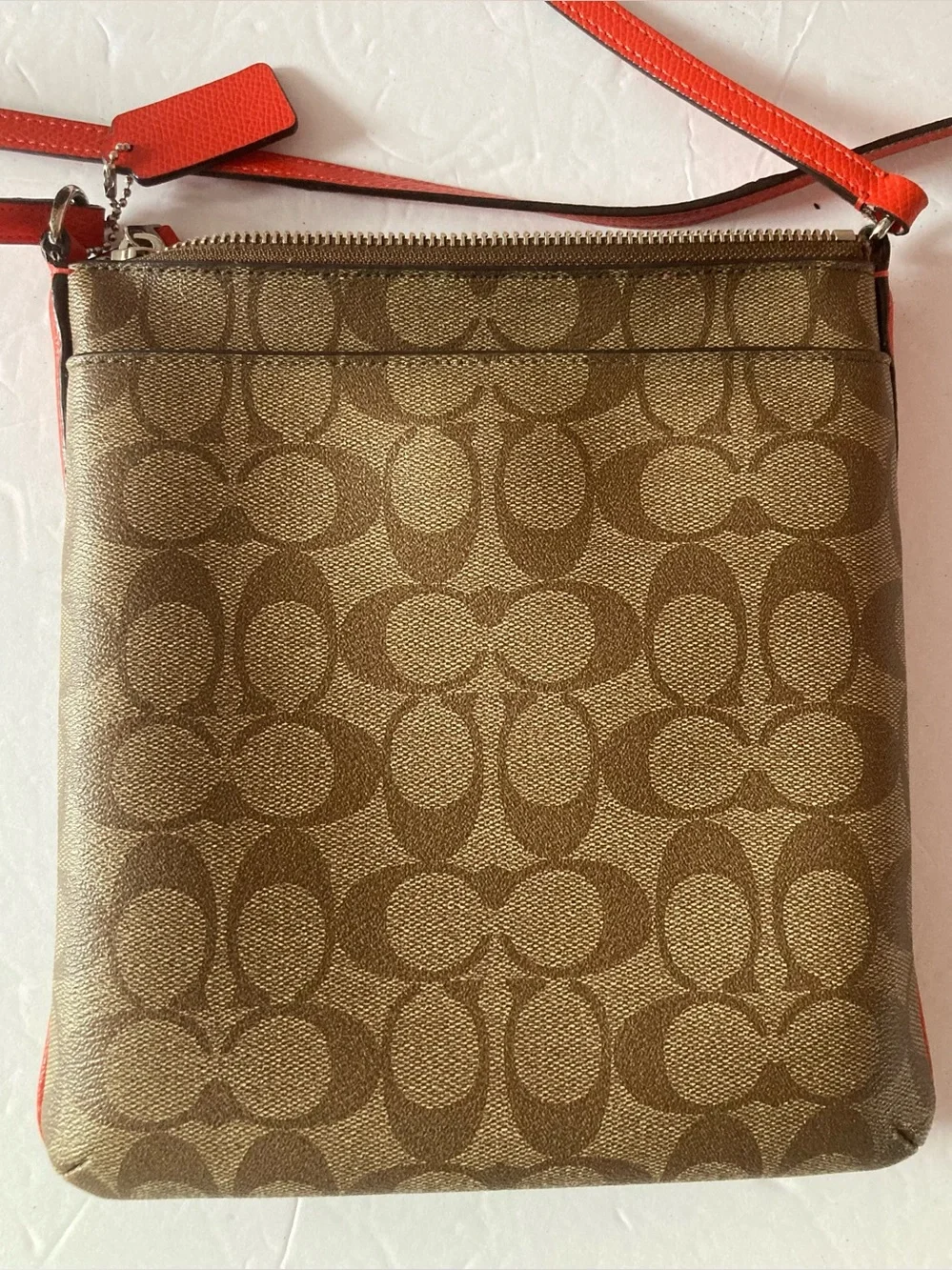 Coach Signature Khaki/Brown Crossbody with orange Trim.Coated Canvas like NEW